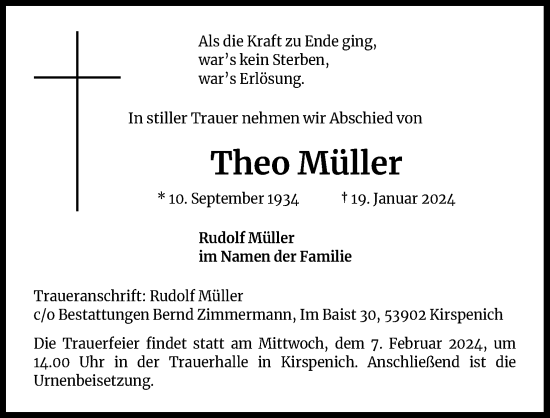 Anzeige von Theo Müller von Kölner Stadt-Anzeiger / Kölnische Rundschau / Express