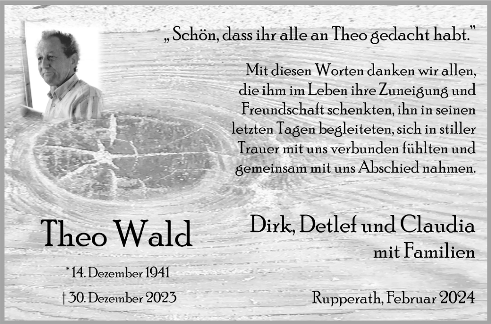  Traueranzeige für Theo Wald vom 10.02.2024 aus  Blickpunkt Euskirchen 
