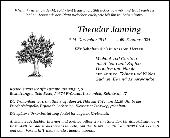 Anzeige von Theodor Janning von Kölner Stadt-Anzeiger / Kölnische Rundschau / Express