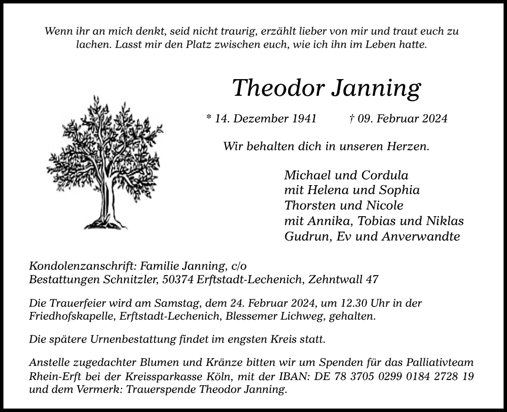  Traueranzeige für Theodor Janning vom 17.02.2024 aus Kölner Stadt-Anzeiger / Kölnische Rundschau / Express