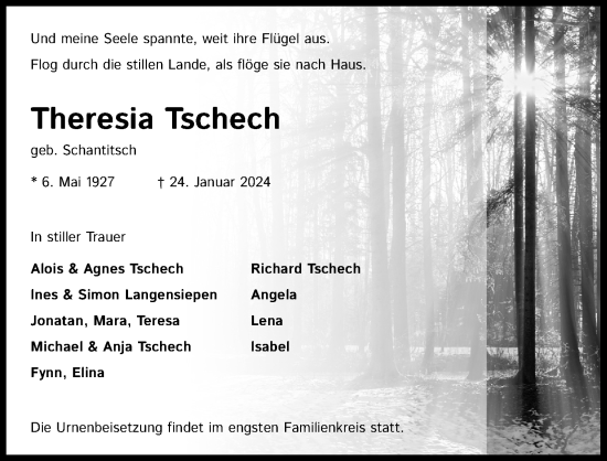 Anzeige von Theresia Tschech von Kölner Stadt-Anzeiger / Kölnische Rundschau / Express