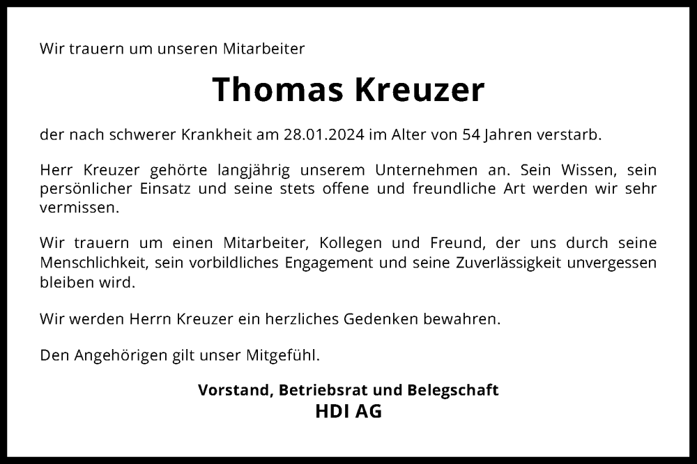  Traueranzeige für Thomas Kreuzer vom 16.02.2024 aus Kölner Stadt-Anzeiger / Kölnische Rundschau / Express