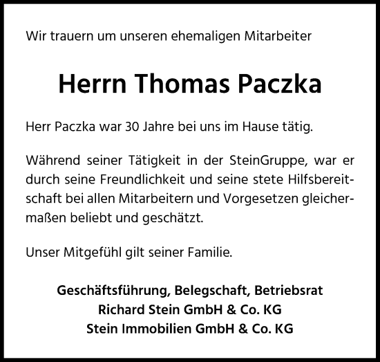 Anzeige von Thomas Paczka von Kölner Stadt-Anzeiger / Kölnische Rundschau / Express