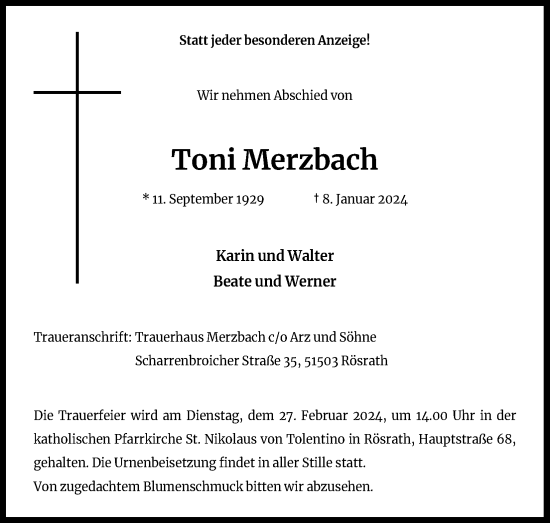 Anzeige von Toni Merzbach von Kölner Stadt-Anzeiger / Kölnische Rundschau / Express
