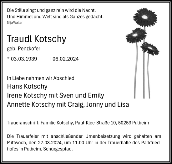 Anzeige von Traudl Kotschy von Kölner Stadt-Anzeiger / Kölnische Rundschau / Express