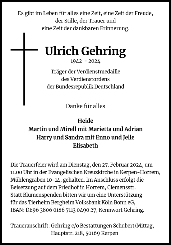Anzeige von Ulrich Gehring von Kölner Stadt-Anzeiger / Kölnische Rundschau / Express