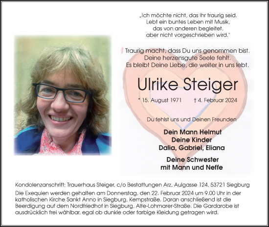 Anzeige von Ulrike Steiger von Kölner Stadt-Anzeiger / Kölnische Rundschau / Express