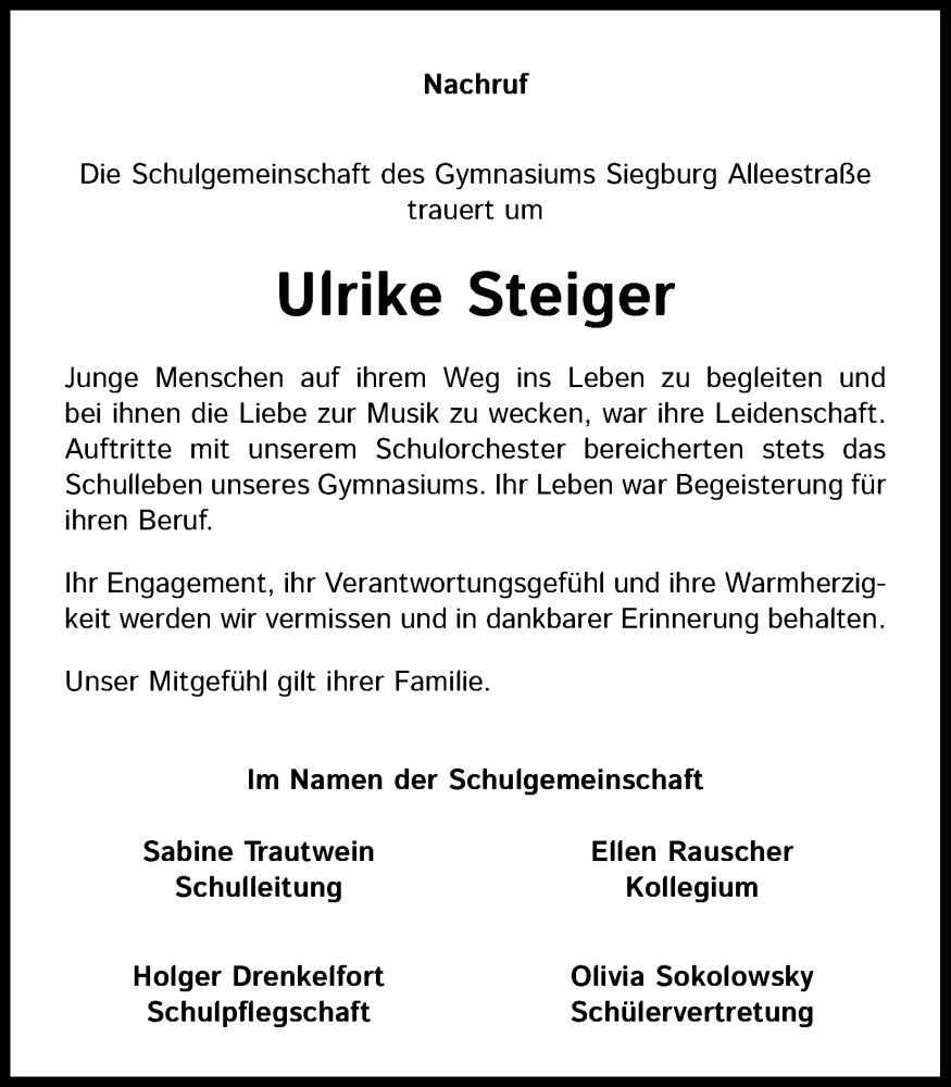  Traueranzeige für Ulrike Steiger vom 17.02.2024 aus Kölner Stadt-Anzeiger / Kölnische Rundschau / Express