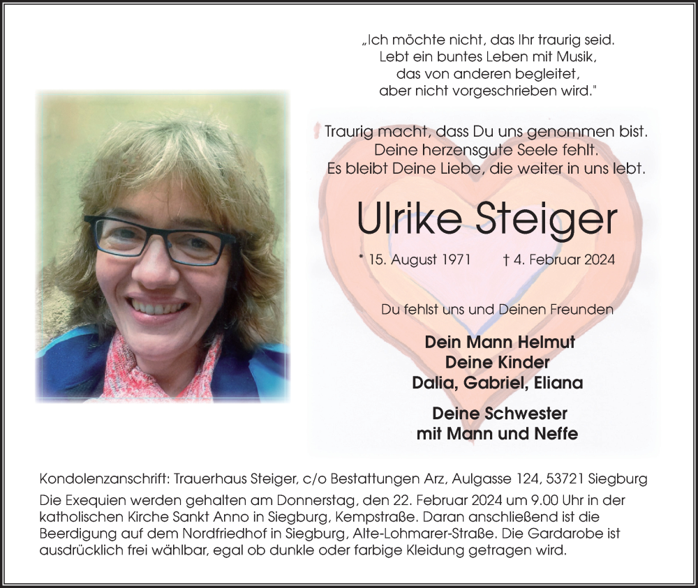  Traueranzeige für Ulrike Steiger vom 17.02.2024 aus Kölner Stadt-Anzeiger / Kölnische Rundschau / Express