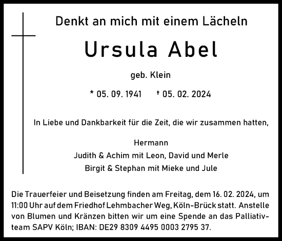 Anzeige von Ursula Abel von Kölner Stadt-Anzeiger / Kölnische Rundschau / Express
