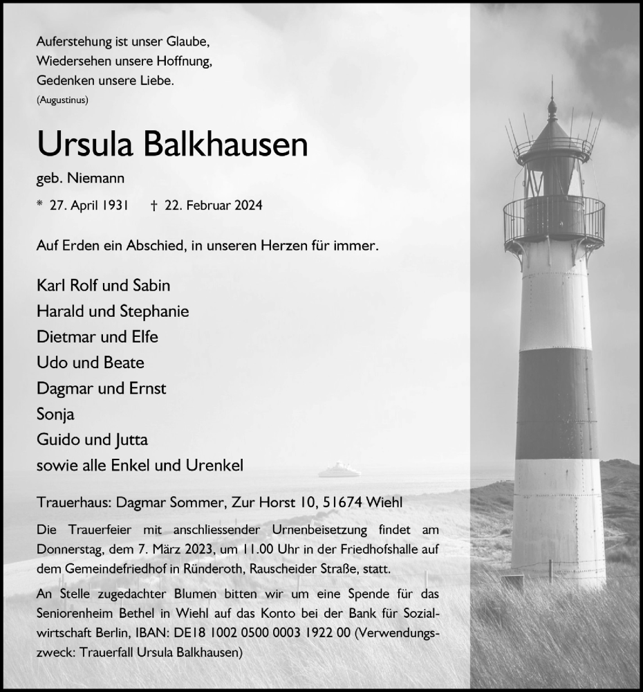  Traueranzeige für Ursula Balkhausen vom 01.03.2024 aus  Anzeigen Echo 