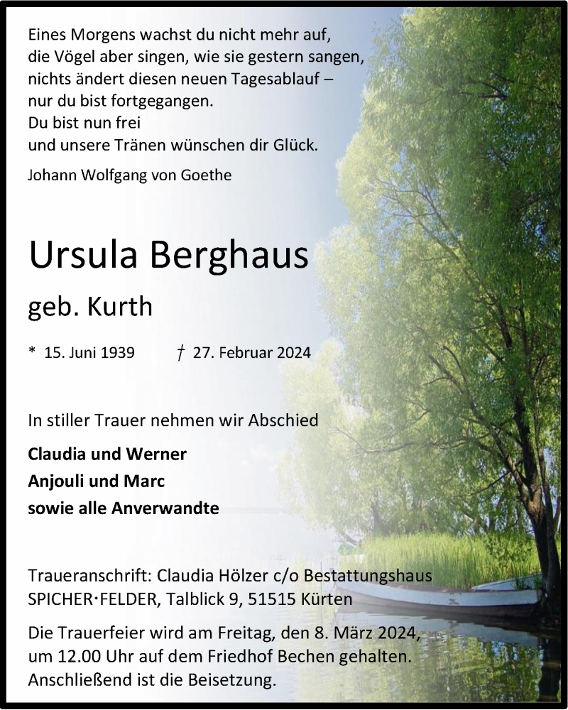  Traueranzeige für Ursula Berghaus vom 01.03.2024 aus  Bergisches Handelsblatt 