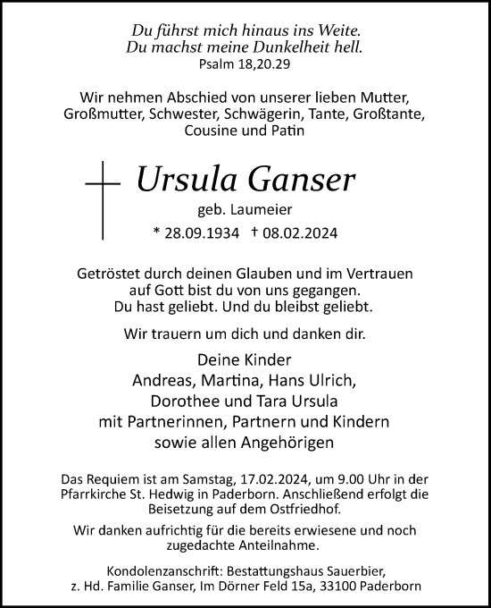 Anzeige von Ursula Ganser von Kölner Stadt-Anzeiger / Kölnische Rundschau / Express