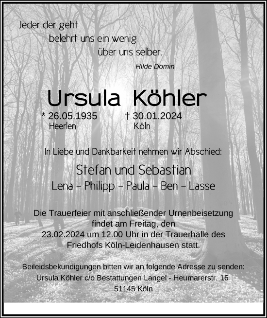 Anzeige von Ursula Köhler von Kölner Stadt-Anzeiger / Kölnische Rundschau / Express