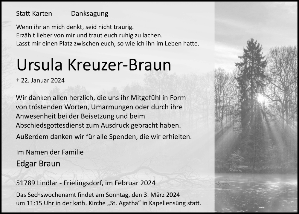  Traueranzeige für Ursula Kreuzer-Braun vom 23.02.2024 aus  Anzeigen Echo 