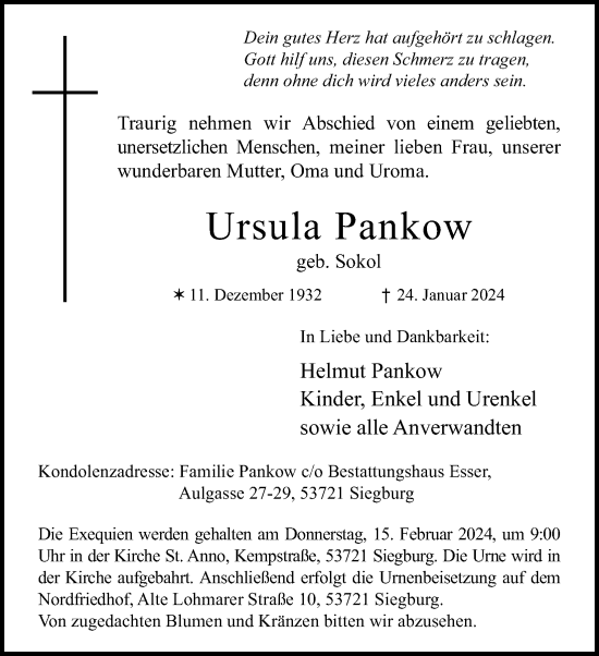 Anzeige von Ursula Pankow von Kölner Stadt-Anzeiger / Kölnische Rundschau / Express