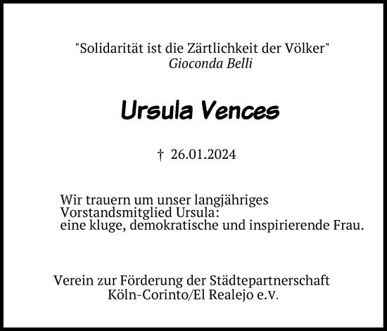 Anzeige von Ursula Vences von Kölner Stadt-Anzeiger / Kölnische Rundschau / Express