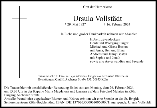 Anzeige von Ursula Vollstädt von Kölner Stadt-Anzeiger / Kölnische Rundschau / Express