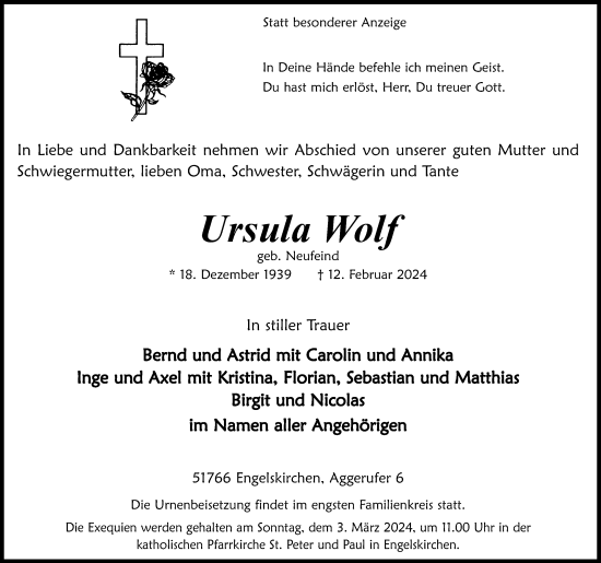 Anzeige von Ursula Wolf von Kölner Stadt-Anzeiger / Kölnische Rundschau / Express