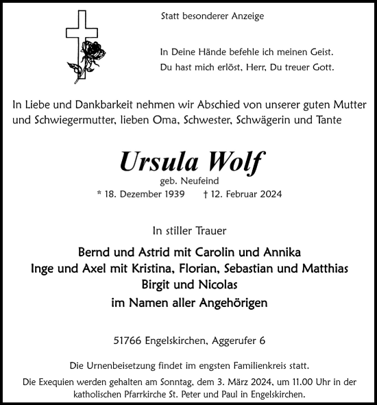 Anzeige von Ursula Wolf von  Anzeigen Echo 