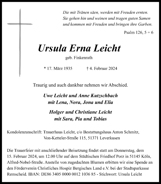 Anzeige von Ursula Erna Leicht von Kölner Stadt-Anzeiger / Kölnische Rundschau / Express
