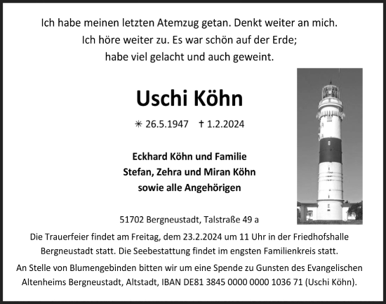 Anzeige von Uschi Köhn von  Anzeigen Echo 