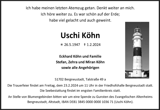 Anzeige von Uschi Köhn von Kölner Stadt-Anzeiger / Kölnische Rundschau / Express