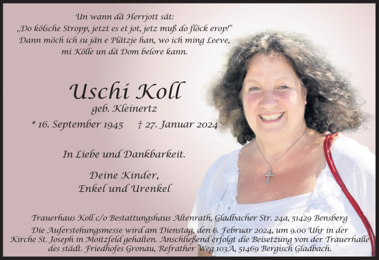 Anzeige von Uschi Koll von Kölner Stadt-Anzeiger / Kölnische Rundschau / Express