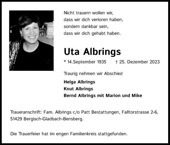 Anzeige von Uta Albrings von Kölner Stadt-Anzeiger / Kölnische Rundschau / Express