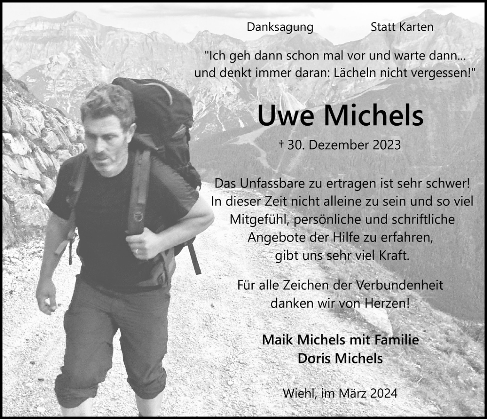  Traueranzeige für Uwe Michels vom 01.03.2024 aus  Anzeigen Echo  Lokalanzeiger 