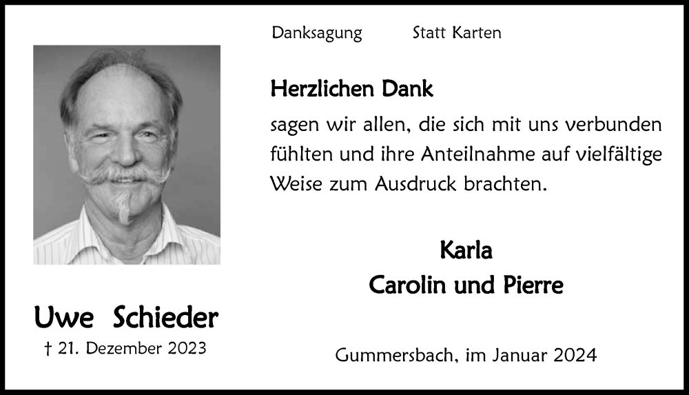 Traueranzeige für Uwe Schieder vom 02.02.2024 aus  Anzeigen Echo 