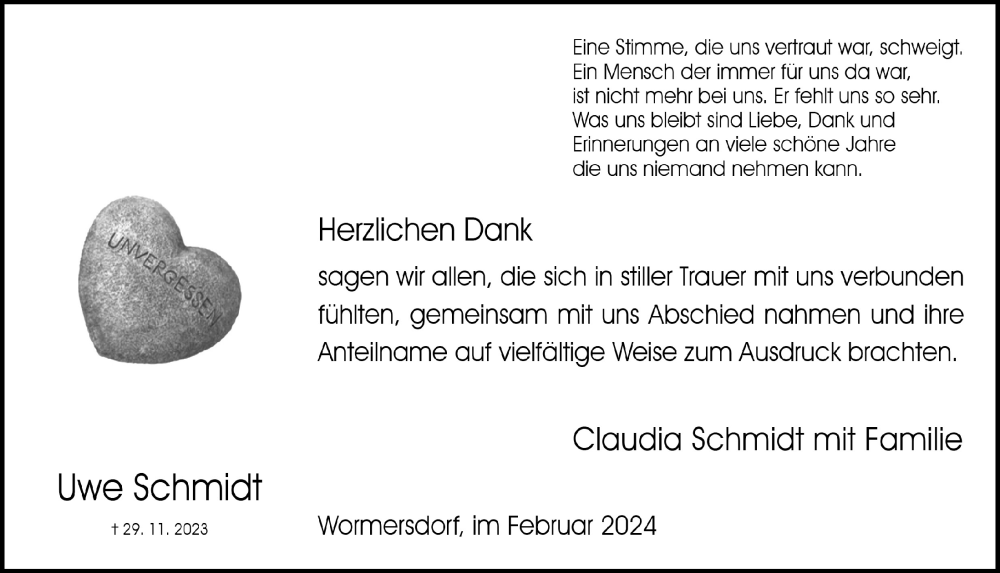  Traueranzeige für Uwe Schmidt vom 16.02.2024 aus  Schaufenster/Blickpunkt 