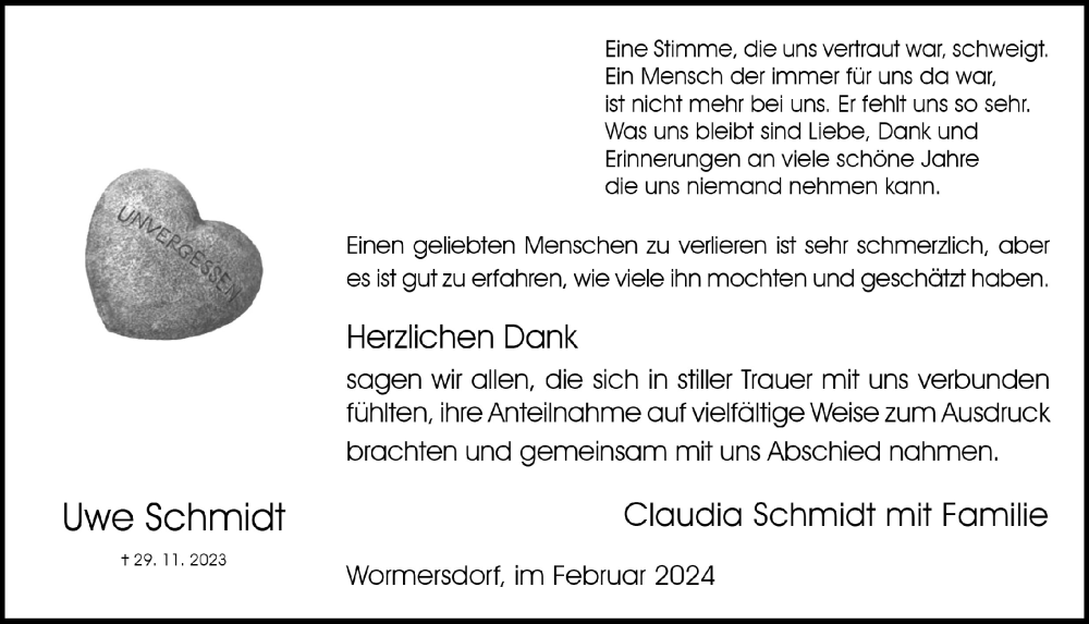  Traueranzeige für Uwe Schmidt vom 23.02.2024 aus  Schaufenster/Blickpunkt 