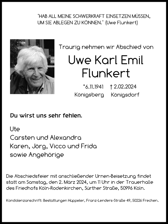 Anzeige von Uwe Karl Emil Flunkert von Kölner Stadt-Anzeiger / Kölnische Rundschau / Express