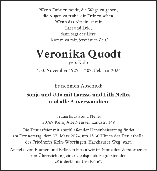 Anzeige von Veronika Quodt von  EXPRESS - Die Woche 