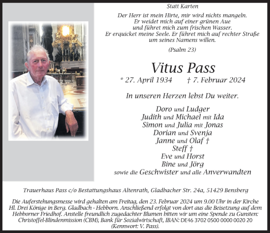 Anzeige von Vitus Pass von  Bergisches Handelsblatt 