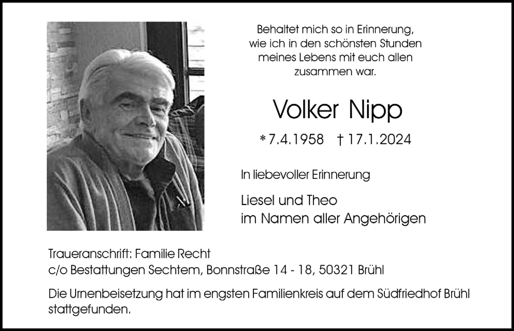  Traueranzeige für Volker Nipp vom 02.02.2024 aus  Schlossbote/Werbekurier 
