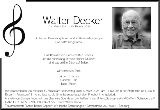 Anzeige von Walter Decker von Kölner Stadt-Anzeiger / Kölnische Rundschau / Express