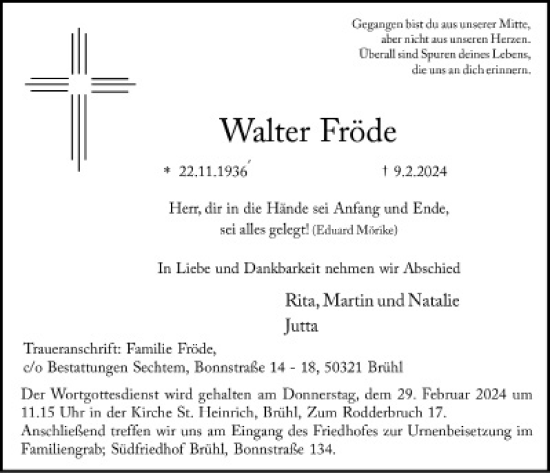 Anzeige von Walter Fröde von  Schlossbote/Werbekurier 
