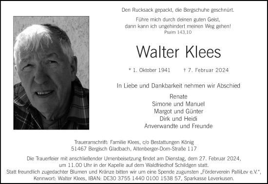 Anzeige von Walter Klees von Kölner Stadt-Anzeiger / Kölnische Rundschau / Express