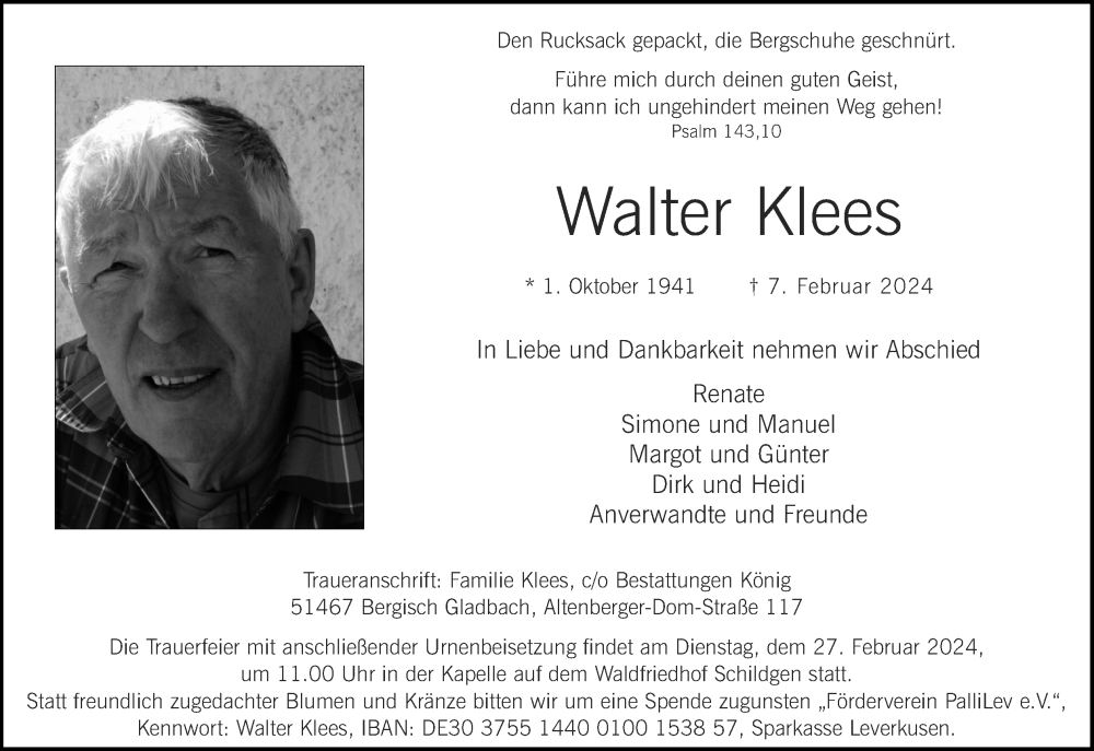  Traueranzeige für Walter Klees vom 17.02.2024 aus Kölner Stadt-Anzeiger / Kölnische Rundschau / Express