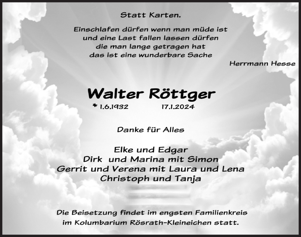  Traueranzeige für Walter Röttger vom 02.02.2024 aus  Bergisches Handelsblatt 