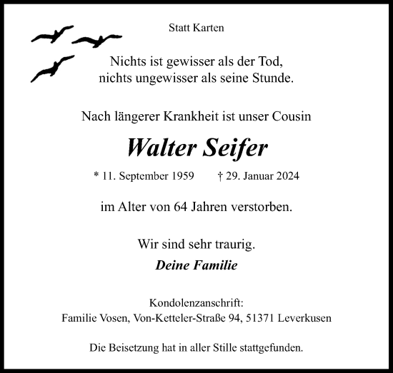 Anzeige von Walter Seifer von Kölner Stadt-Anzeiger / Kölnische Rundschau / Express