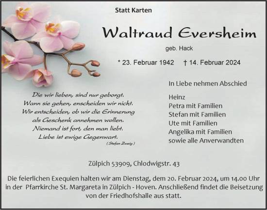 Anzeige von Waltraud Eversheim von  Blickpunkt Euskirchen 