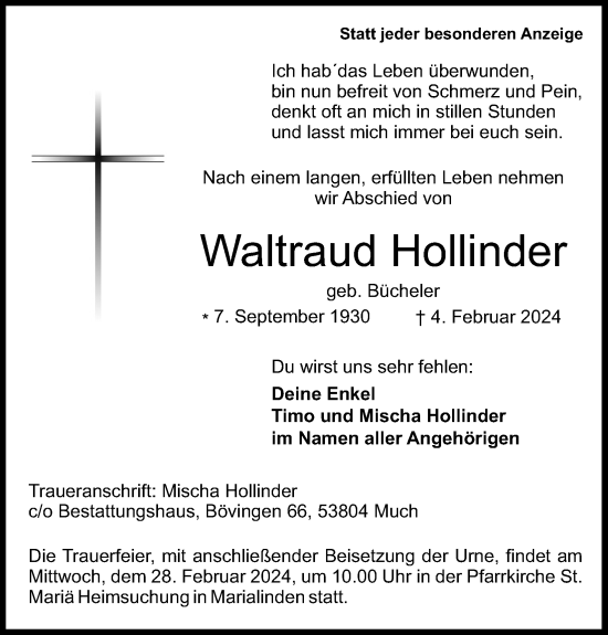 Anzeige von Waltraud Hollinder von Kölner Stadt-Anzeiger / Kölnische Rundschau / Express
