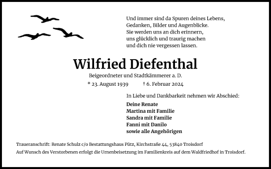 Anzeige von Wilfried Diefenthal von Kölner Stadt-Anzeiger / Kölnische Rundschau / Express