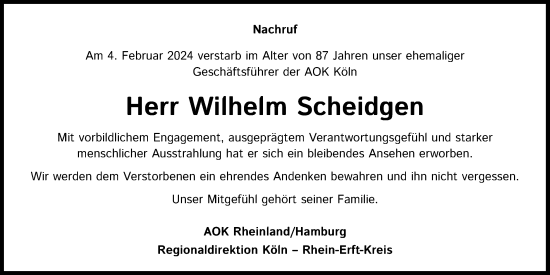 Anzeige von Wilhelm Scheidgen von Kölner Stadt-Anzeiger / Kölnische Rundschau / Express