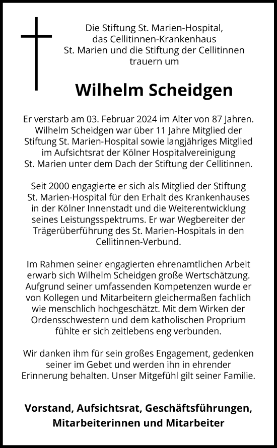 Anzeige von Wilhelm Scheidgen von Kölner Stadt-Anzeiger / Kölnische Rundschau / Express