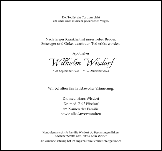 Anzeige von Wilhelm Wisdorf von Kölner Stadt-Anzeiger / Kölnische Rundschau / Express