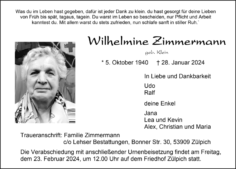  Traueranzeige für Wilhelmine Zimmermann vom 17.02.2024 aus  Blickpunkt Euskirchen 